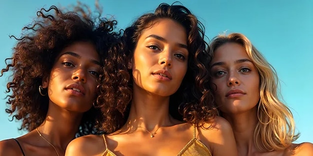 A young woman with dark skin and curly hair, a young woman with blonde hair, and a young woman with brown hair