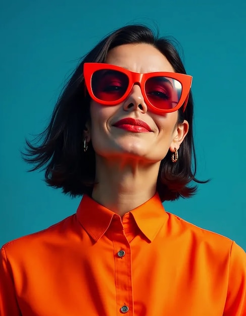 A middle-aged woman with dark hair wearing large red sunglasses and an orange shirt against a blue background