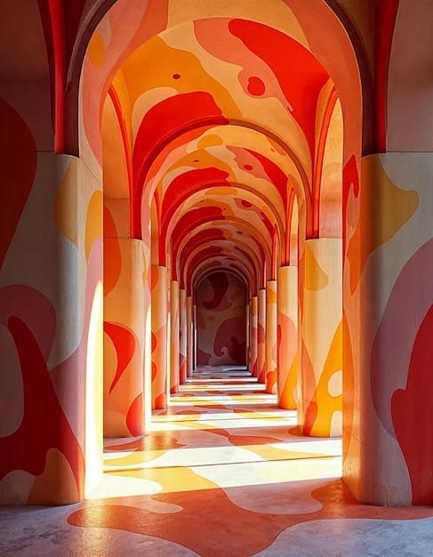 A colorful, abstract, and surreal interior space with a long hallway featuring arched ceilings and walls decorated with vibrant, organic shapes and patterns in shades of red, orange, yellow, and white