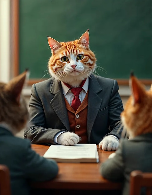 An anthropomorphic cat dressed in a teacher’s suit is instructing other animals in a classroom. The scene is realistic, with the cat sitting by the desk