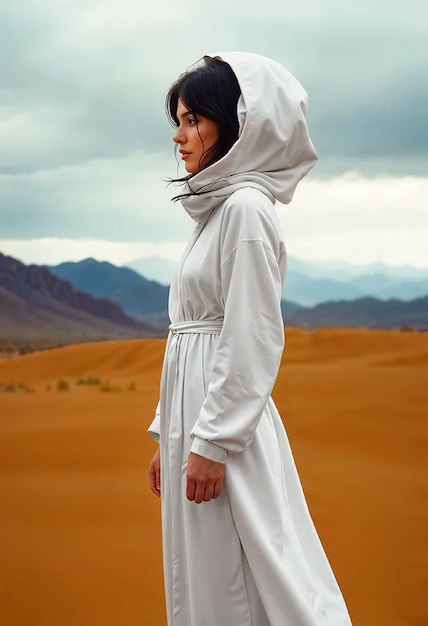 A young Asian woman in a long white dress in motion and an astronaut helmet, standing in a desert landscape with red sand dunes in the background