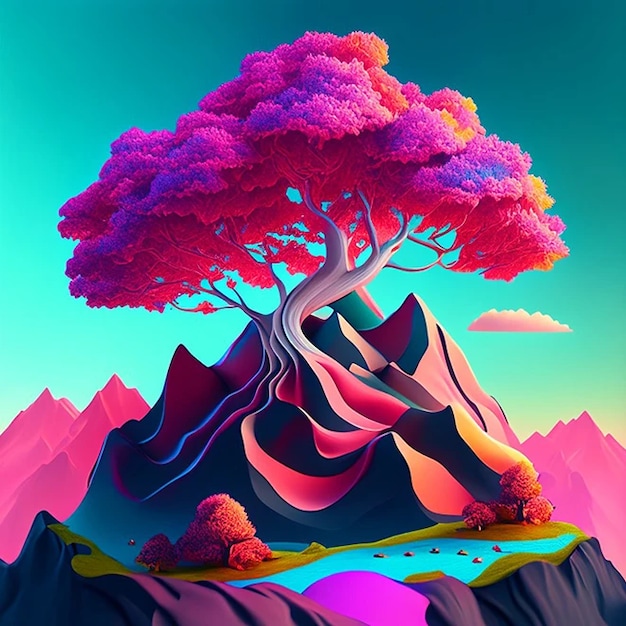 A vibrant, colorful tree with a large, fluffy pink and purple crown stands atop a mountainous landscape. The mountains in the background have a stylized, abstract shape with warm, vivid colors. A winding river flows through the foreground, adding to the fantastical, dreamlike atmosphere 