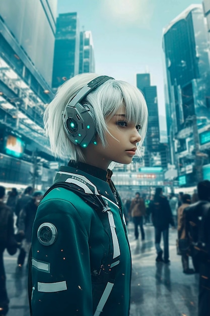 A young Caucasian woman with short white hair wearing a green jacket and futuristic-looking headphones in a crowded urban setting