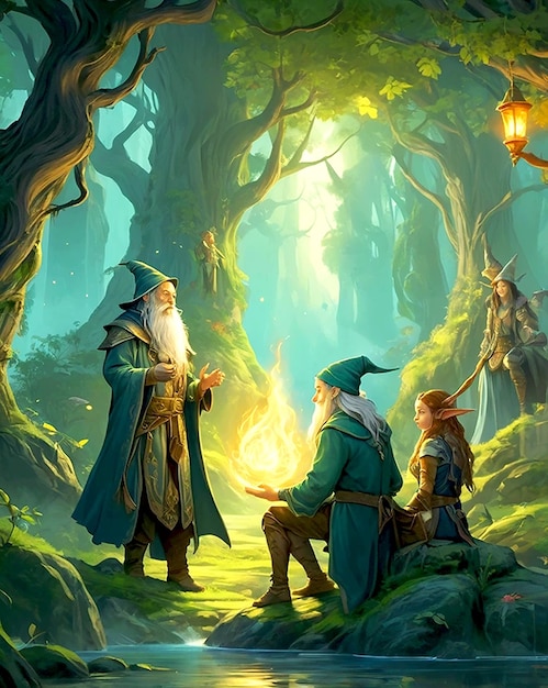 Three hooded figures walking through a magical forest with glowing mushrooms and trees that are illuminated