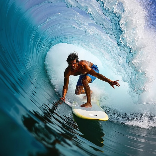 A young male surfer riding a large wave, with his arms outstretched and his body positioned low on the surfboard as he navigates the powerful, curling wave