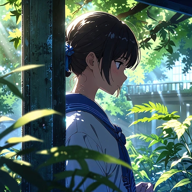 A young asian boy with short black hair wearing a white shirt, standing in a lush green garden with leaves and foliage in the background