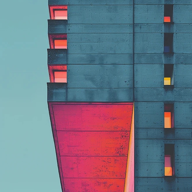 A modern abstract building facade with geometric shapes and patterns in shades of red , orange , and blue